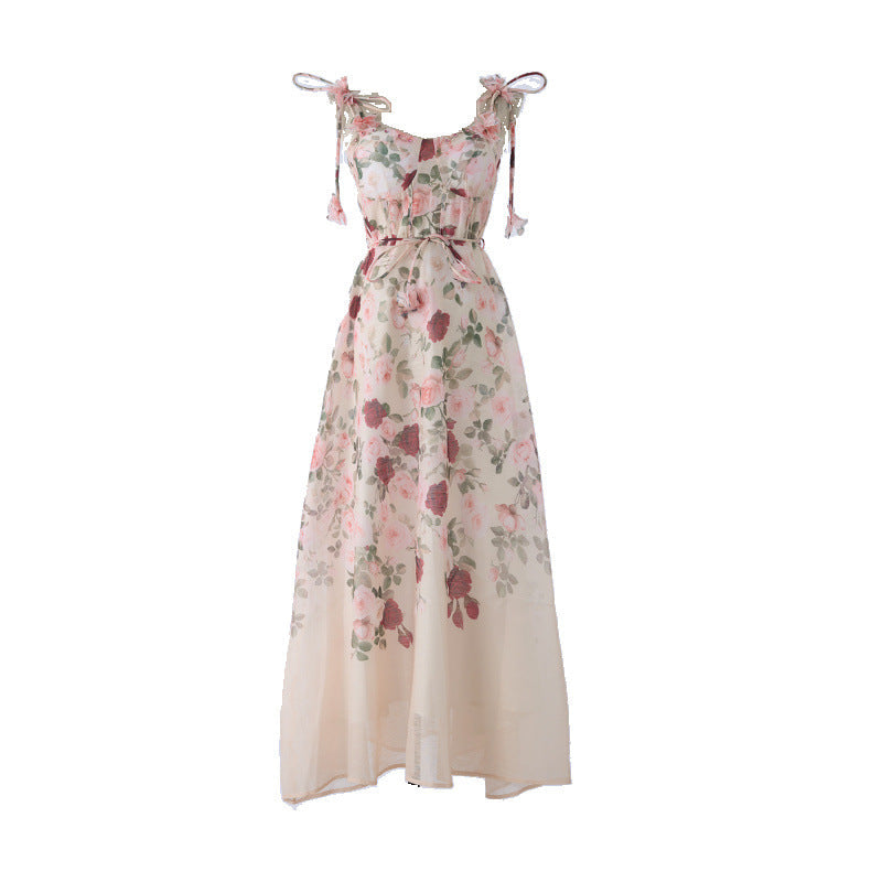 Pastel Floral Print Spaghetti Strap Midi Dress with 3D Flower Appliqués Avalabel