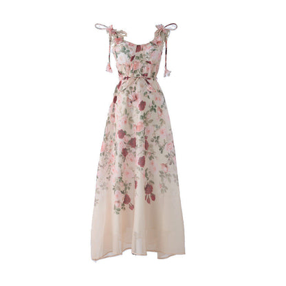 Pastel Floral Print Spaghetti Strap Midi Dress with 3D Flower Appliqués