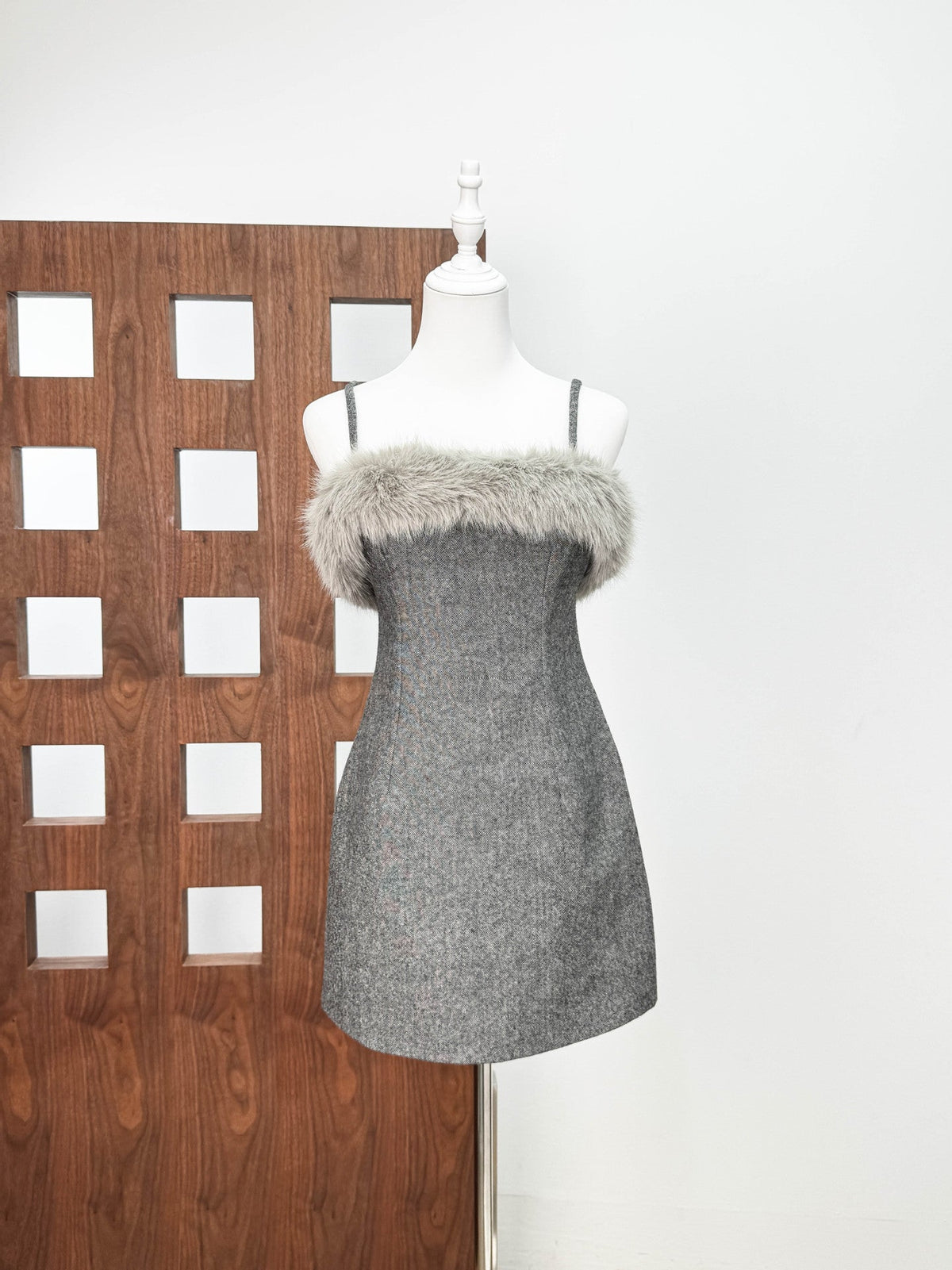 victoria Spaghetti Faux Fur Mini Dress in grey Avalabel