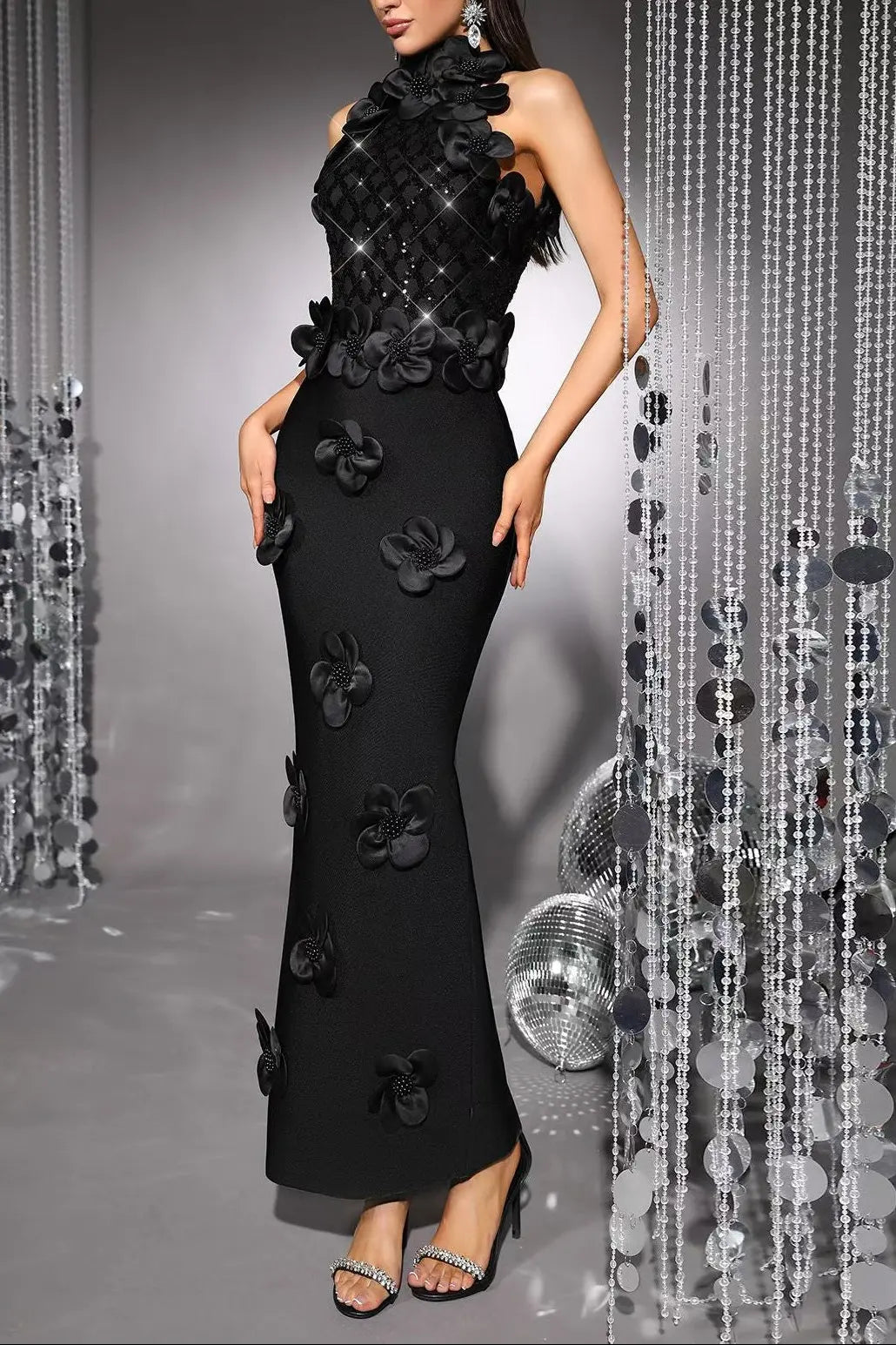 Phoenix 3D Flower Sequin Halter Bandage Maxi Dress in Black Avalabel