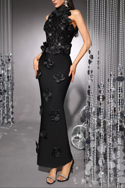 Phoenix 3D Flower Sequin Halter Bandage Maxi Dress in Black