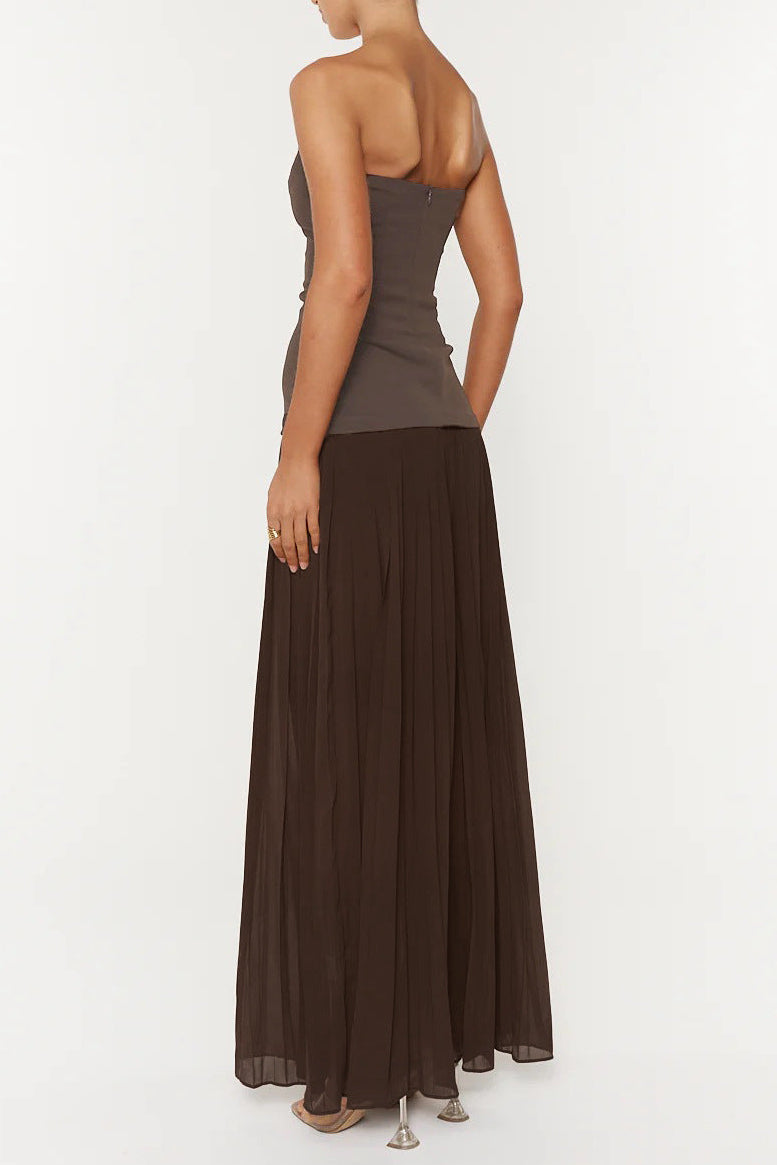Nelly Pleated Detail Strapless Maxi Dress in Brown