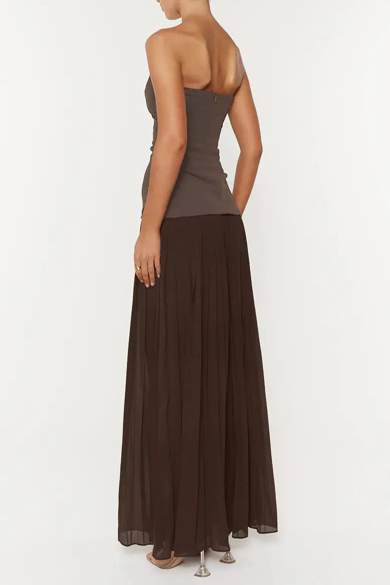 Nelly Pleated Detail Strapless Maxi Dress in Brown Avalabel