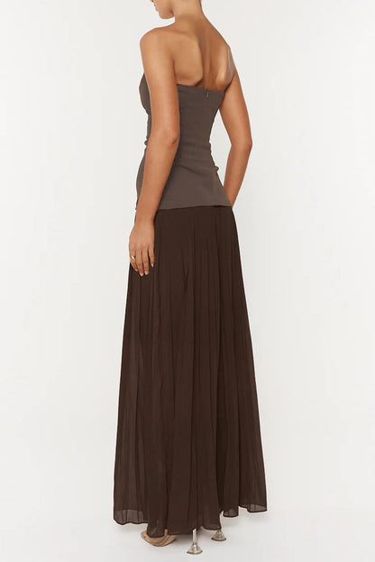Nelly Pleated Detail Strapless Maxi Dress in Brown