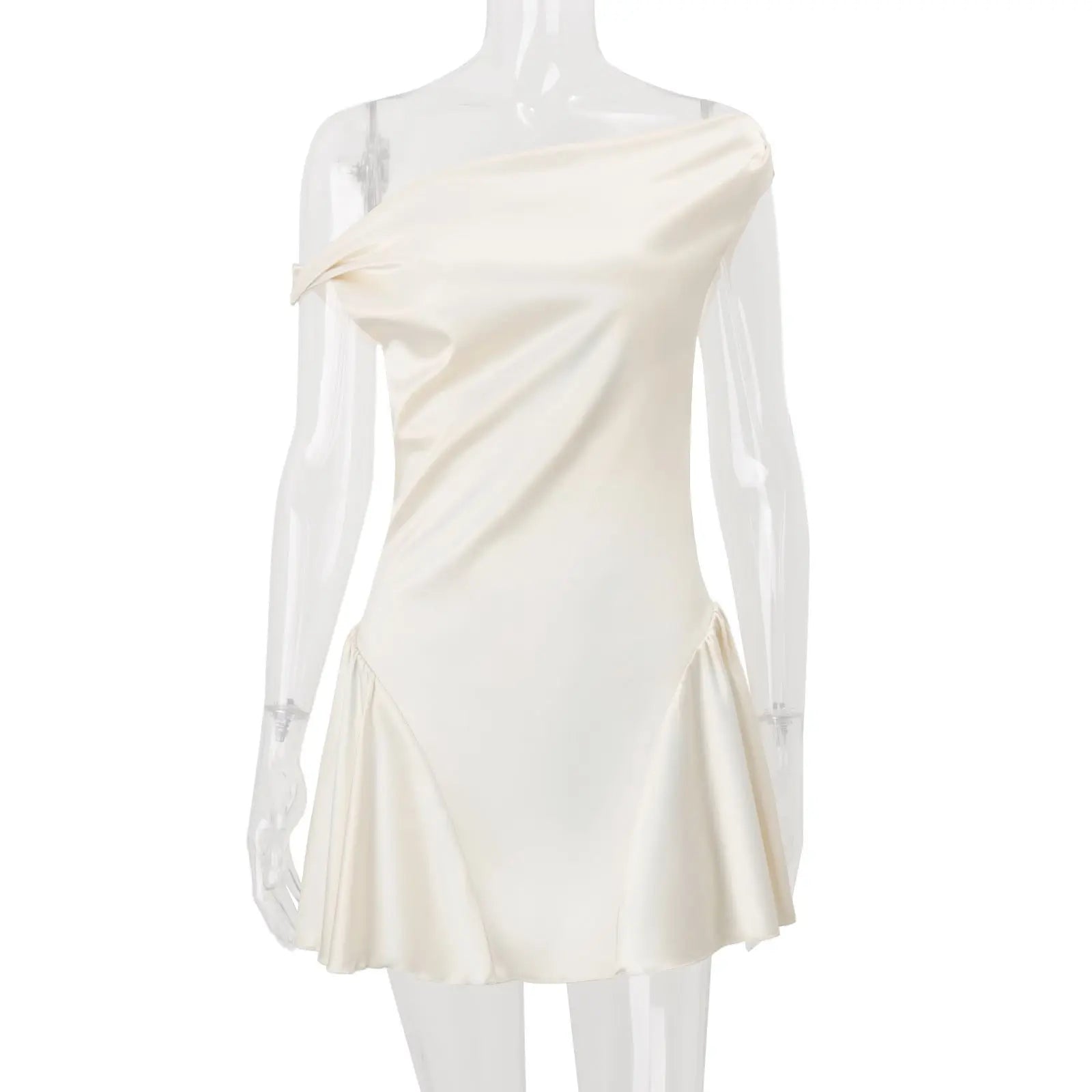 Tina Satin Ruched Mini Dress in Cream White Avalabel
