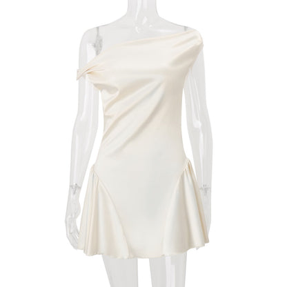 Tina Satin Ruched Mini Dress in Cream White