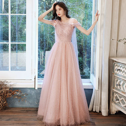 Pink one-shoulder pearl maxi evening dress