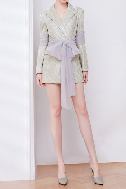 janice Mesh Ribbon Glitter blazer Dress in champagne Avalabel