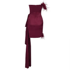 burgundy feather embellished strapless mini dress Avalabel