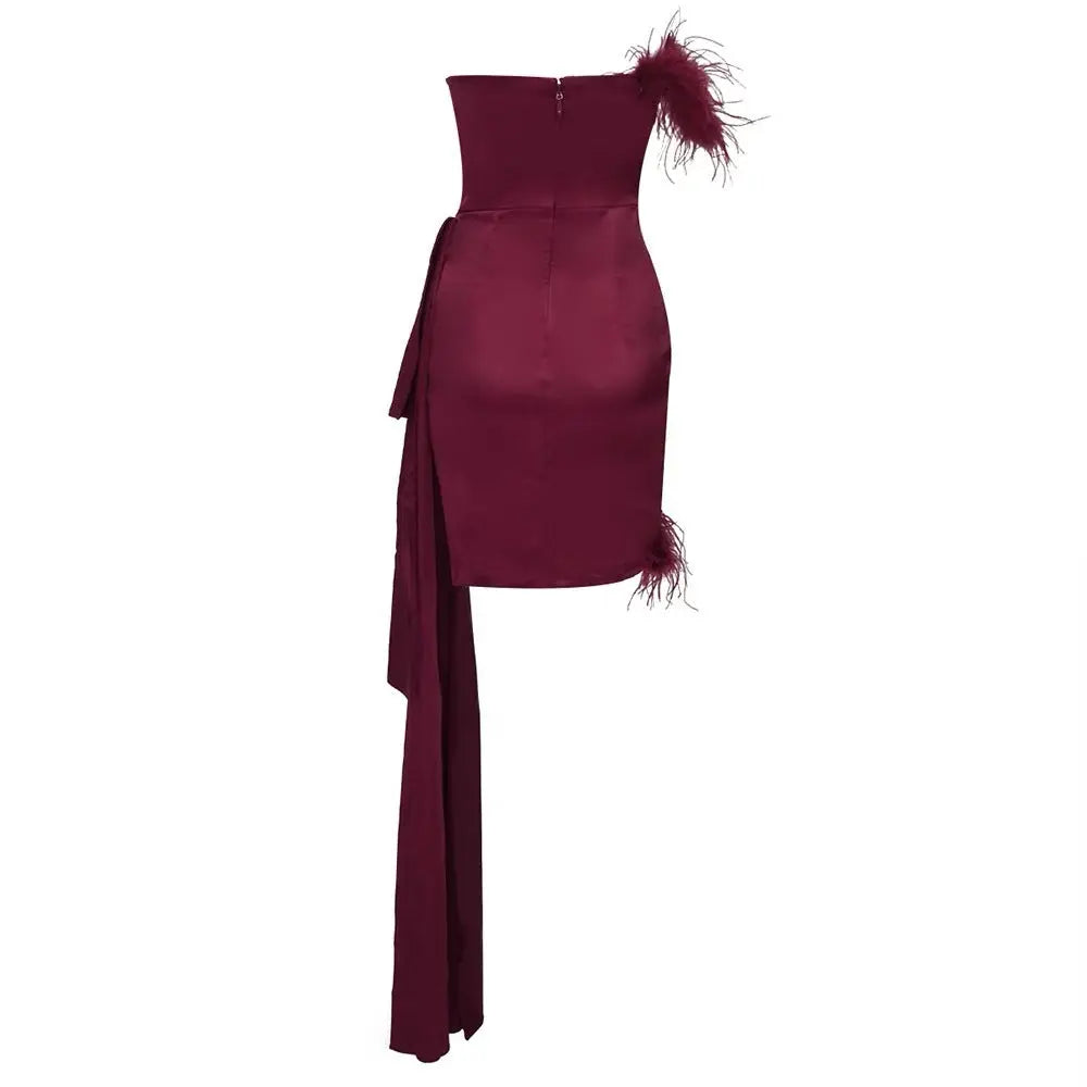 burgundy feather embellished strapless mini dress Avalabel