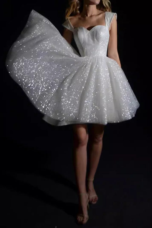 Amity White Sexy Sequined Short Princess Evening Gown Mini Dress Avalabel