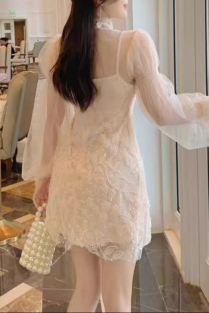 Jennifer Floral Bead Embroidery Tulle Mini Dress in Apricot
