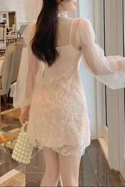 Jennifer Floral Bead Embroidery Tulle Mini Dress in Apricot Avalabel