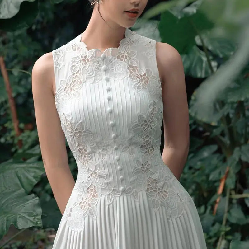 nancy lace embroidery pleated midi dress in white Avalabel