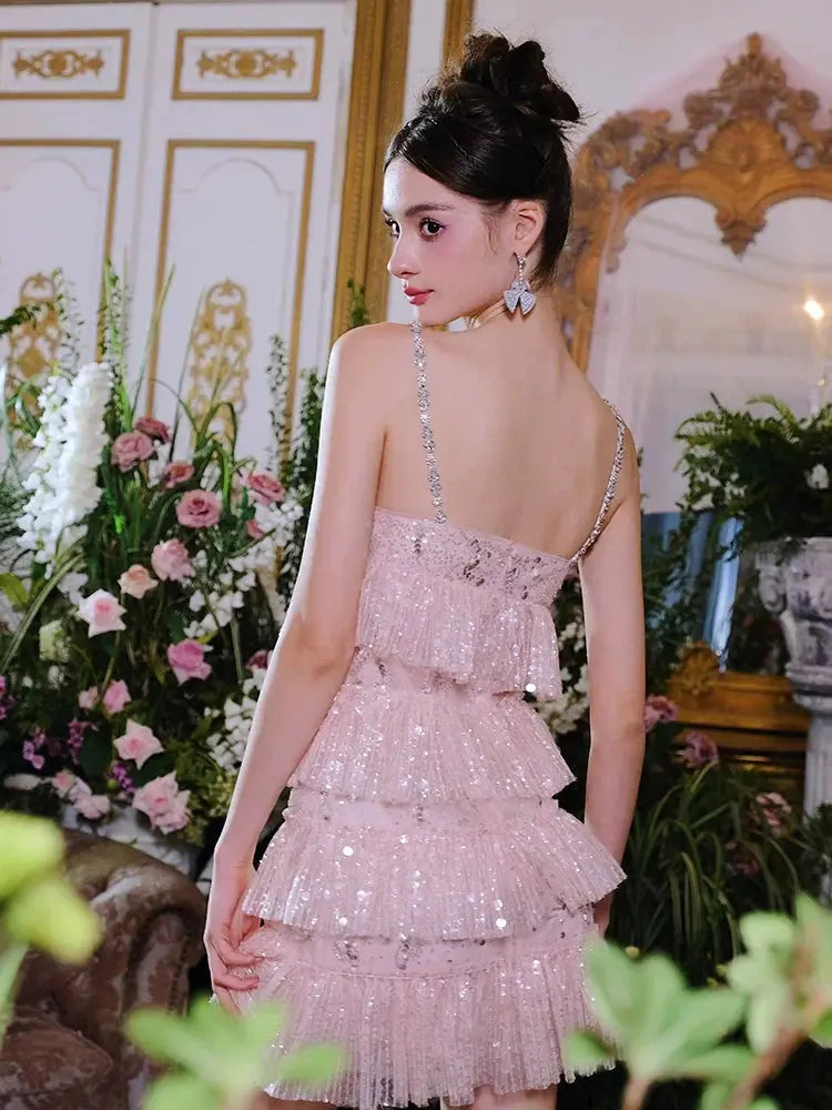 Pink Sleeveless Sequin layer ruffle short Dinner Dress Avalabel