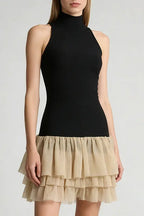 cynthia black ruched trim sleeveless puffy mini dress Avalabel