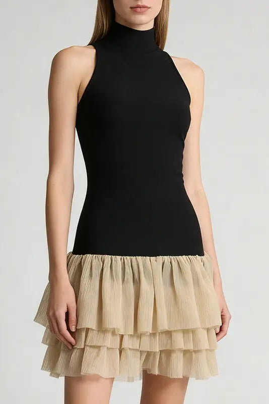 cynthia black ruched trim sleeveless puffy mini dress Avalabel