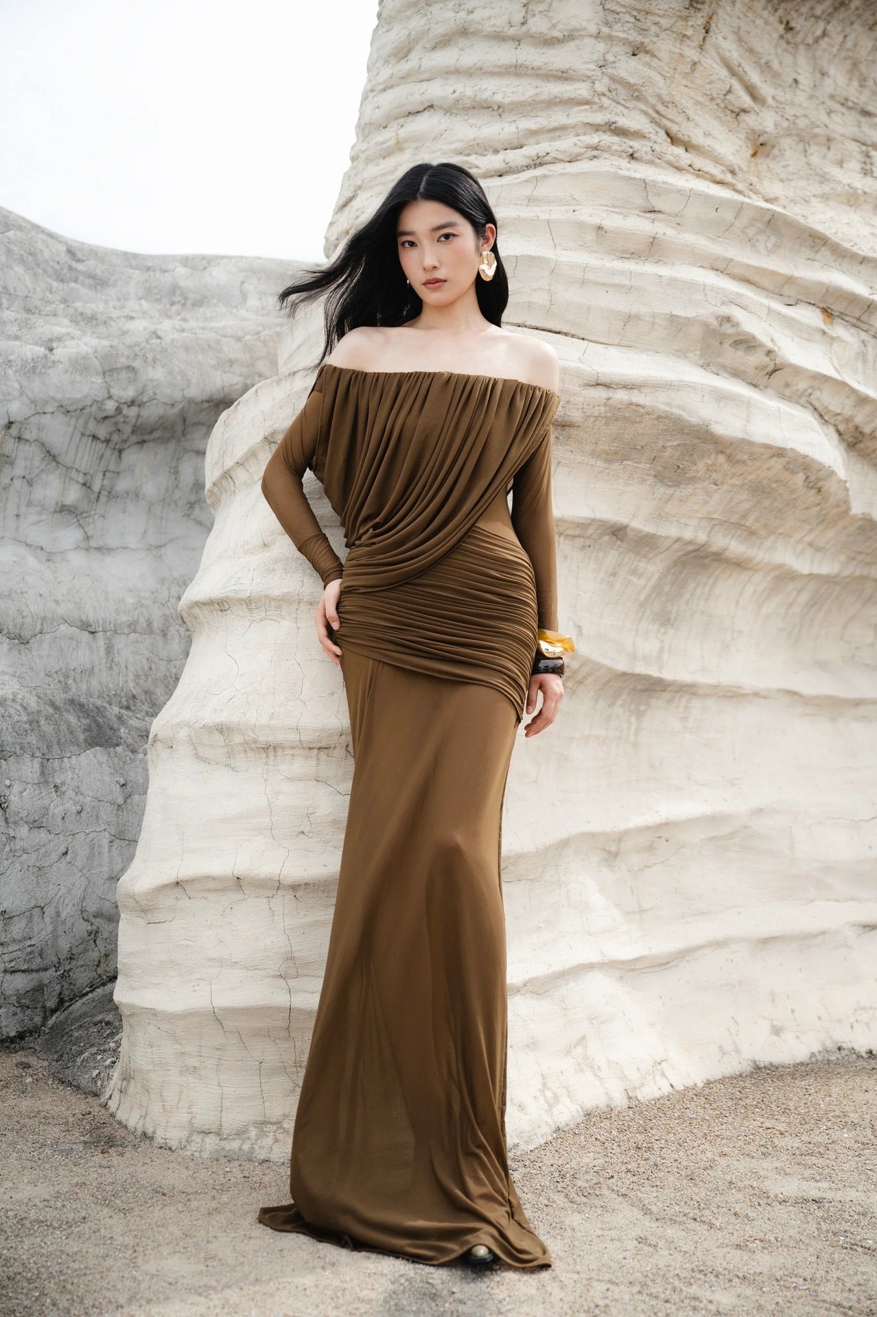 Cara Off-Shoulder Long Sleeve Pleated Mesh Maxi Dress in Brown Avalabel