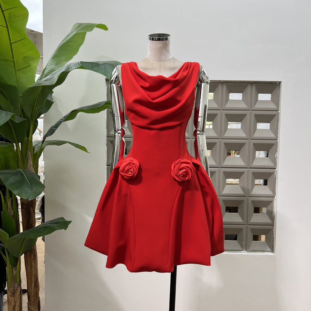 3D Flower Pleated Sleeveless Mini Dress Avalabel