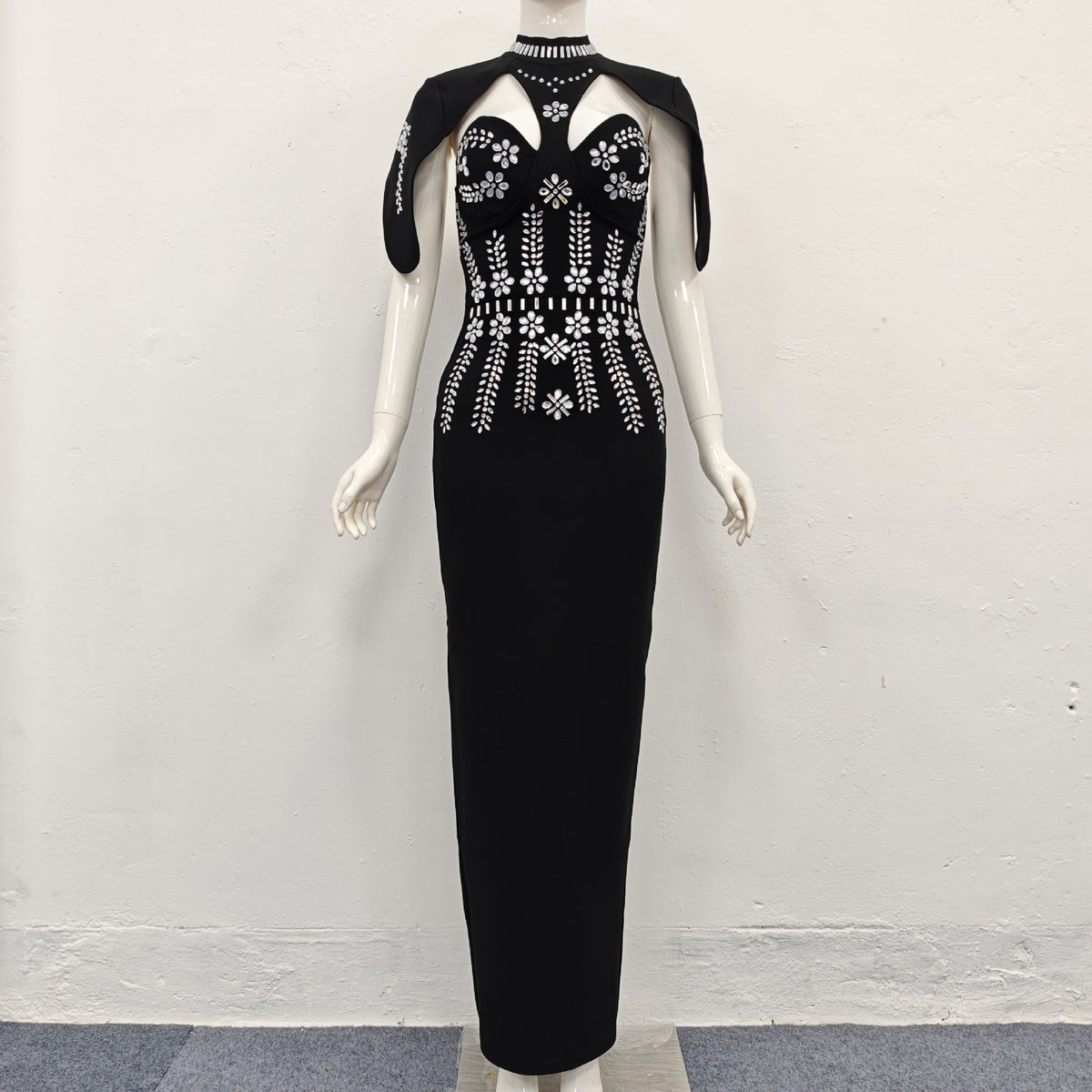 sibyl black Shawl-embellished diamond bandage maxi dress Avalabel