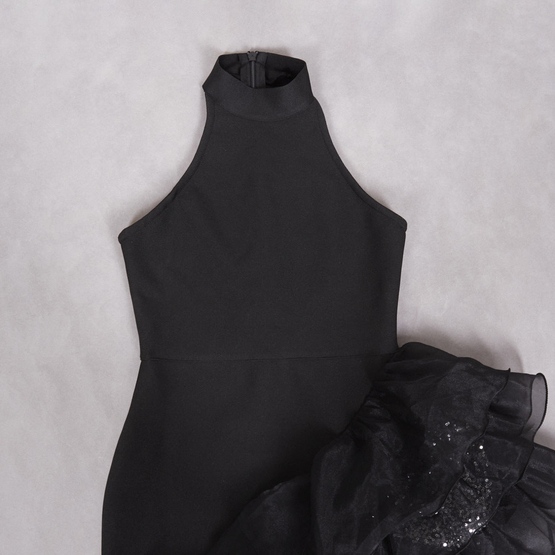 halter sleeveless Sequin Ruffle trim maxi dress in black Avalabel