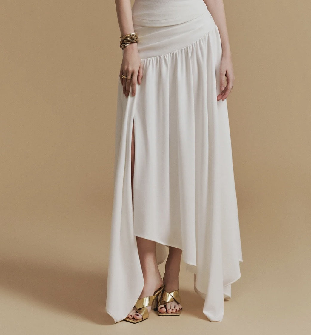 CASSIA Asymmetrical Ruched Top Midi Skirt Set in White Avalabel