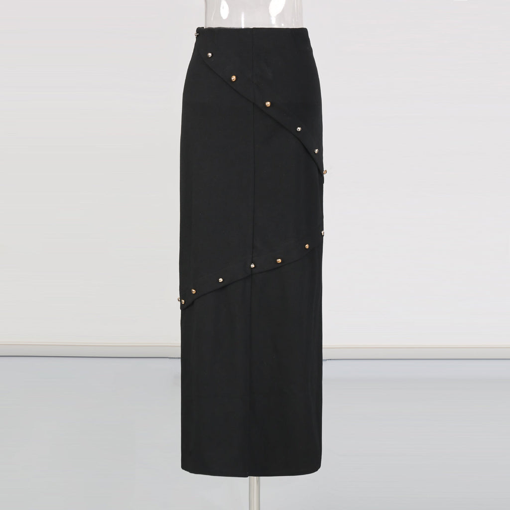 Button-embellished cotton-jersey top maxi skirt suit in black Avalabel