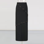 Button-embellished cotton-jersey top maxi skirt suit in black Avalabel