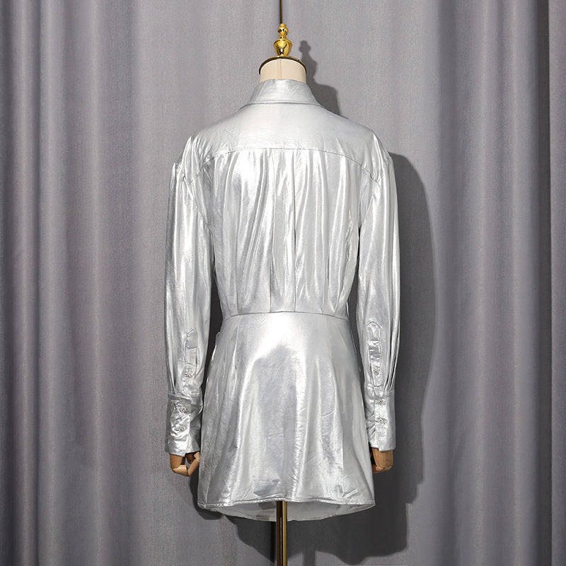 maud Metallic pleated shirt mini Dress in silver Avalabel