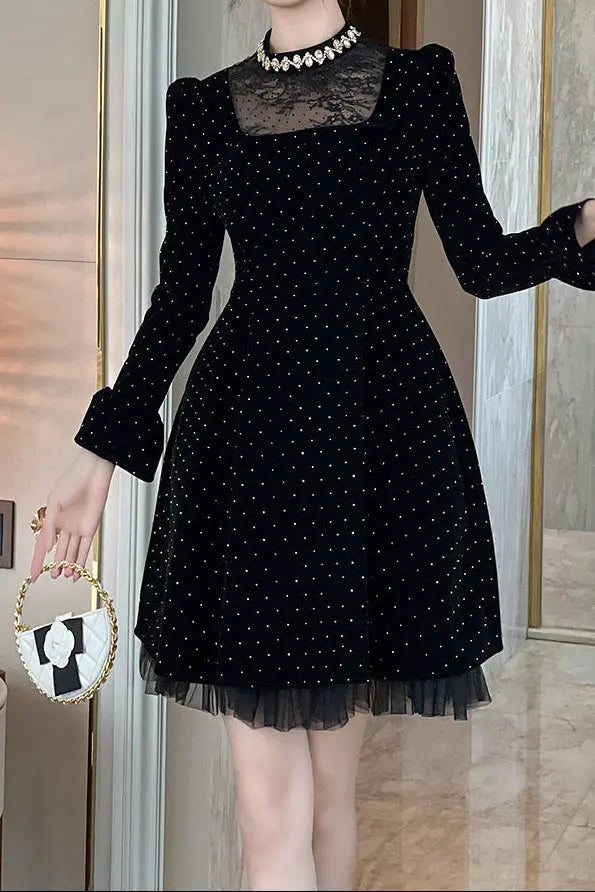 wendy Polka dots long sleeve velvet mini dress in black Avalabel