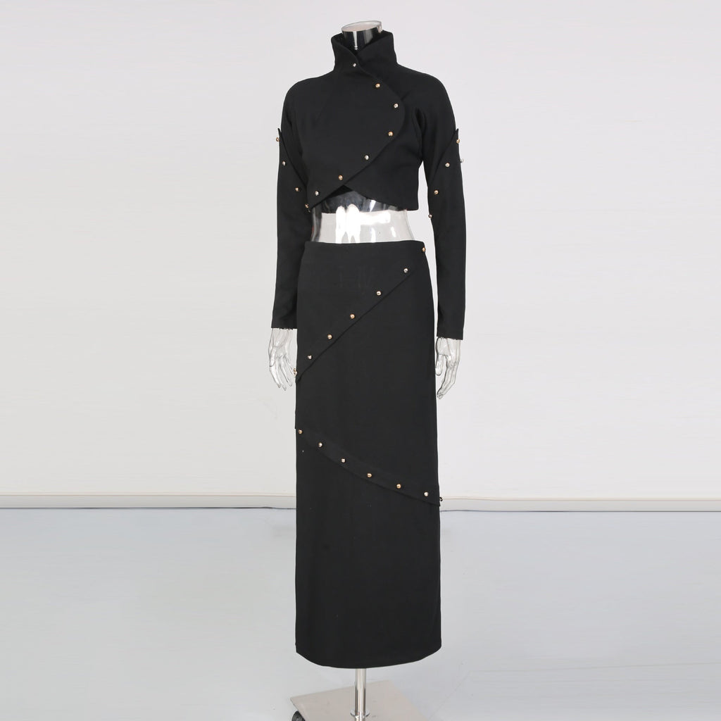 Button-embellished cotton-jersey top maxi skirt suit in black Avalabel