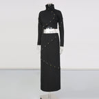 Button-embellished cotton-jersey top maxi skirt suit in black Avalabel