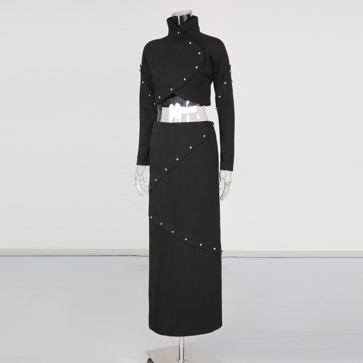Button-embellished cotton-jersey top maxi skirt suit in black Avalabel