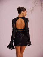 New Two-Piece Embroidered Floral Backless T-shirt and Skirt Set-Black Avalabel