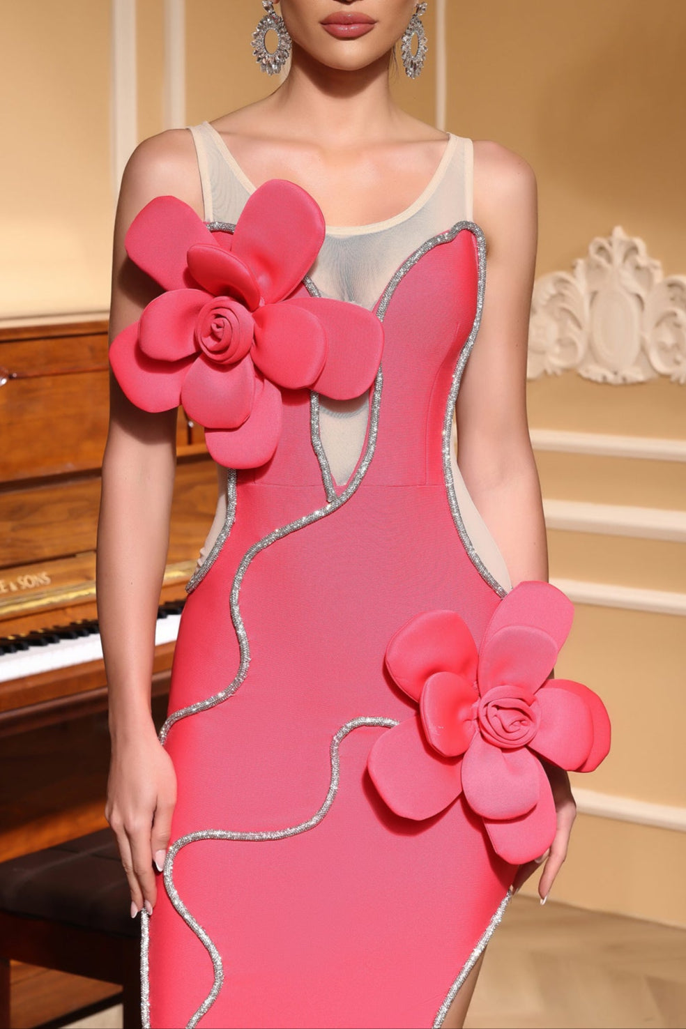 Diamond 3D Flower Sequin Bandage Maxi Dress in Rose Red Avalabel