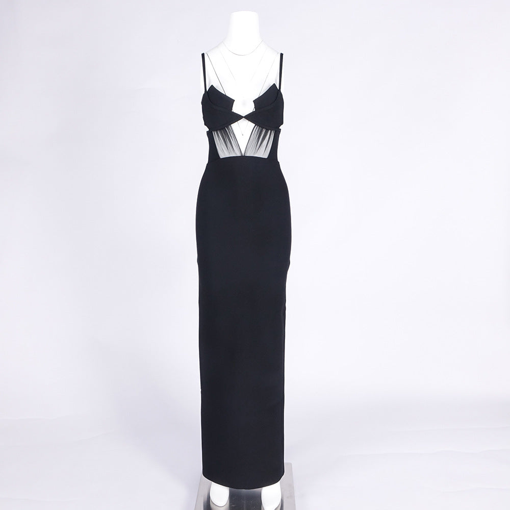 Back Slit Knitted Bandage Maxi Dress in Black