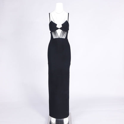 Back Slit Knitted Bandage Maxi Dress in Black