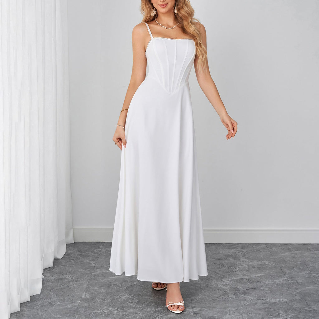 Lace Trim Corset Spaghetti Strap Flowy Maxi Dress poava
