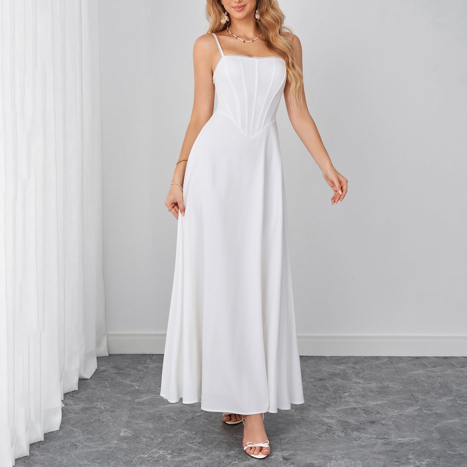 Lace Trim Corset Spaghetti Strap Flowy Maxi Dress poava