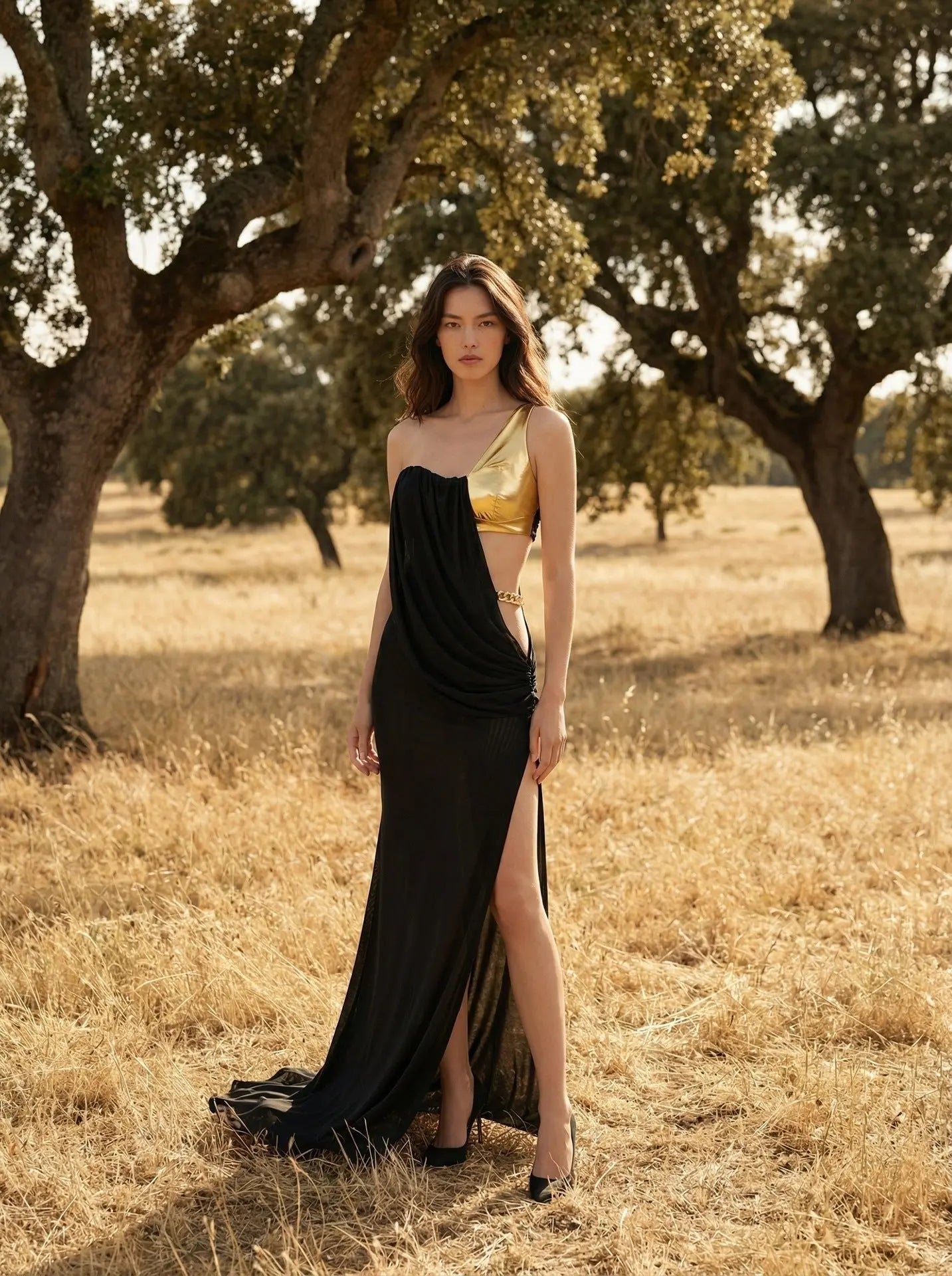 elvira one-shoulder Metal chain decoration maxi dress in black Avalabel