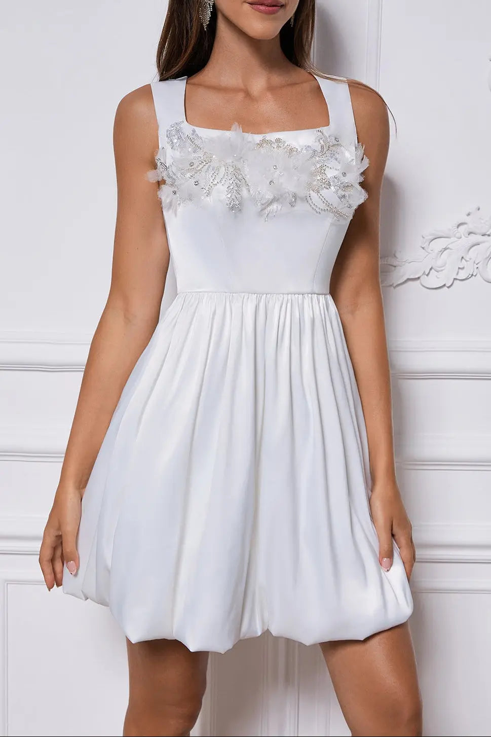 sabina appliqué Satin puffy mini dress in white Avalabel