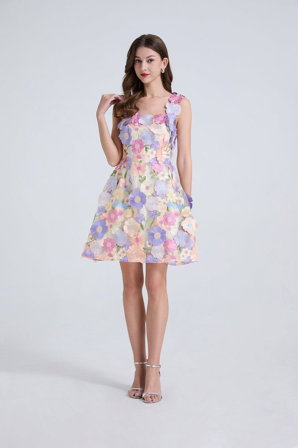 Georgia 3d Floral Lace Mini Dress in Purple Avalabel
