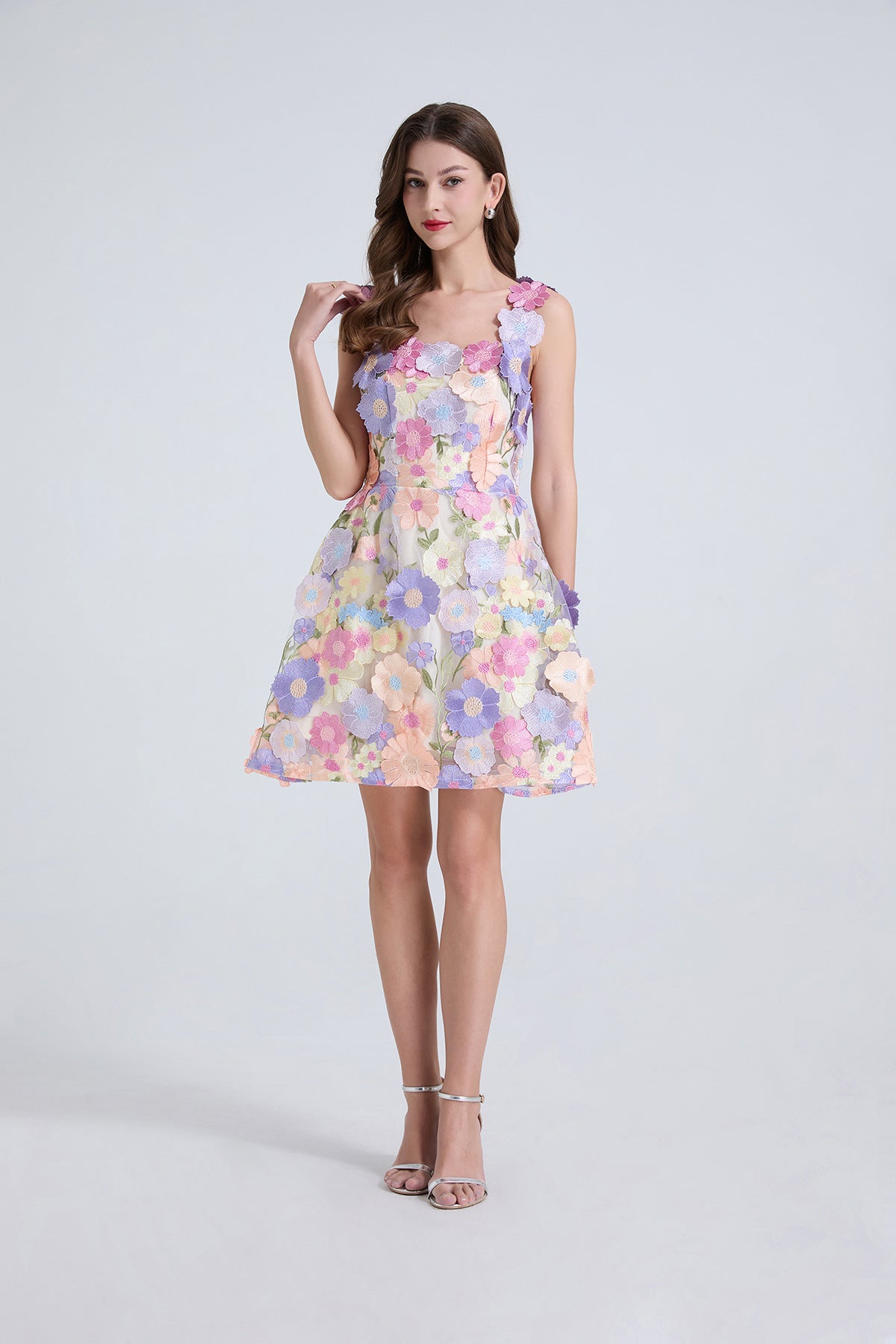 Georgia 3d Floral Lace Mini Dress in Purple Avalabel