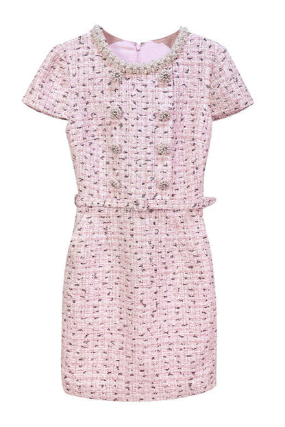 Embellished Bouclé Mini Dress in Pink