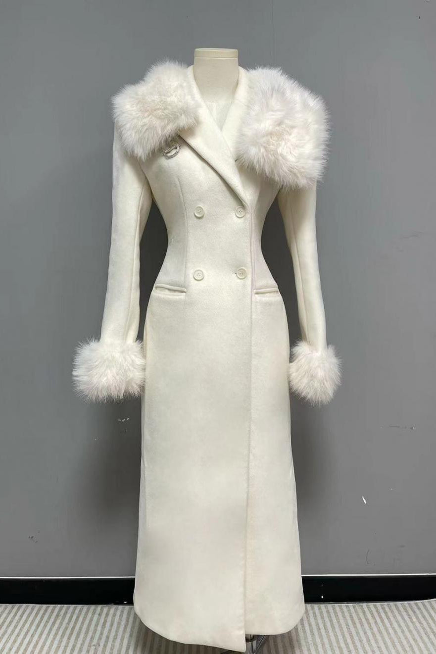 Ivory Slim faux fur mid-length woolen coat Avalabel
