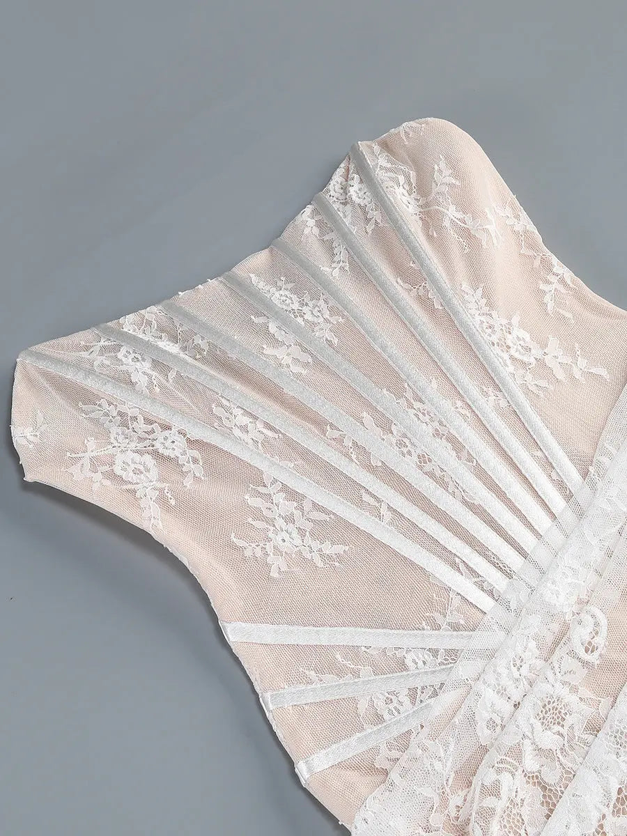 rita ivory sheer lace corset maxi dress with draped neckline Avalabel