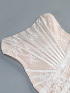 rita ivory sheer lace corset maxi dress with draped neckline Avalabel