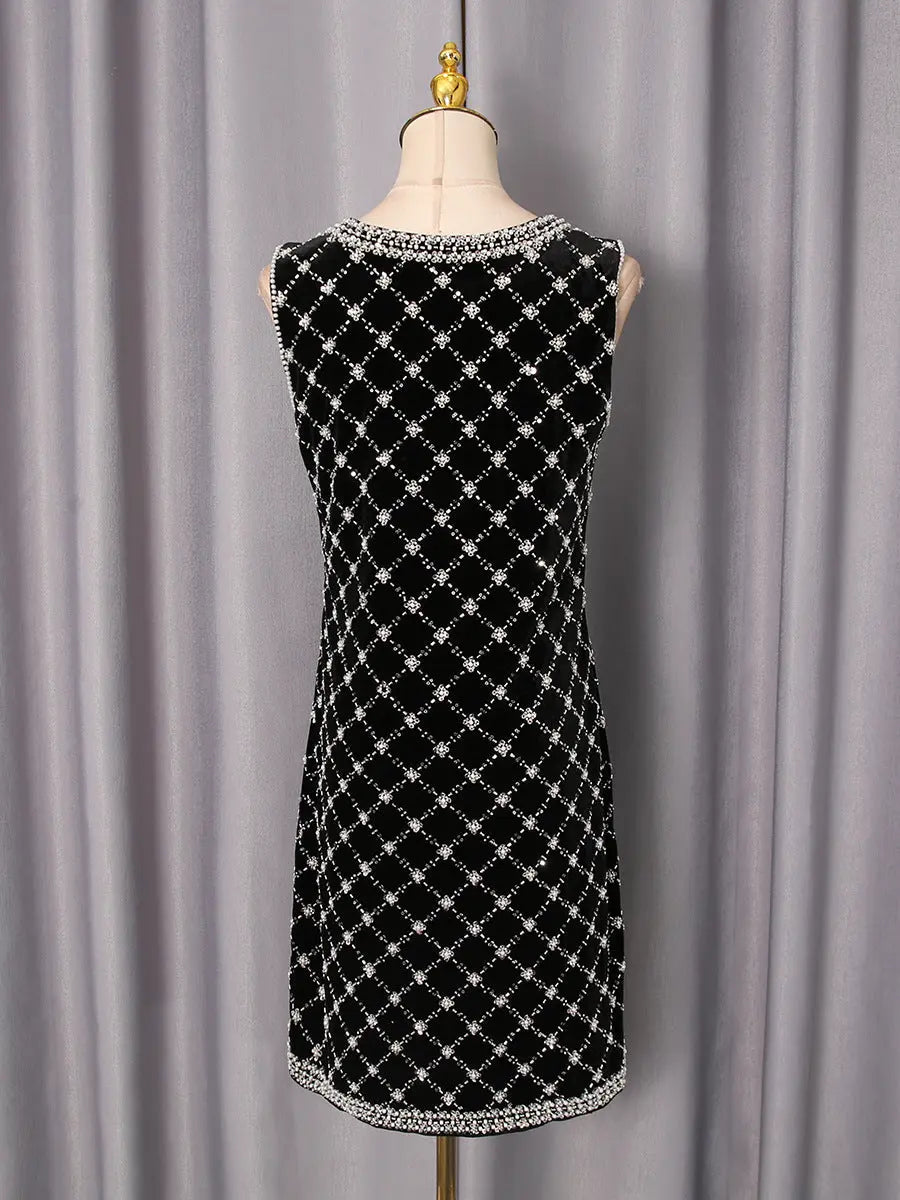 amanda Black-white plaid diamond sleeveless mini dress Avalabel