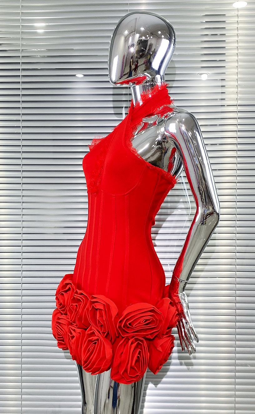 louise Halter Neck Flower Bandage Mini Dress in red Avalabel