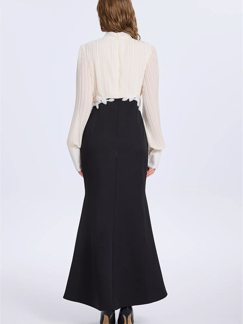 Carlin Balloon Sleeve Ruched Tie Up Midi Dress - White & Black Avalabel